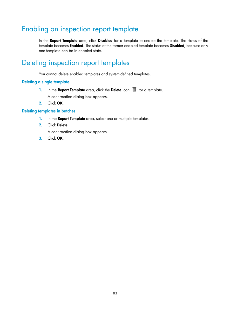 Enabling an inspection report template, Deleting inspection report templates, Deleting a single template | Deleting templates in batches, Deleting, Inspection report templates | H3C Technologies H3C Intelligent Management Center User Manual | Page 92 / 136