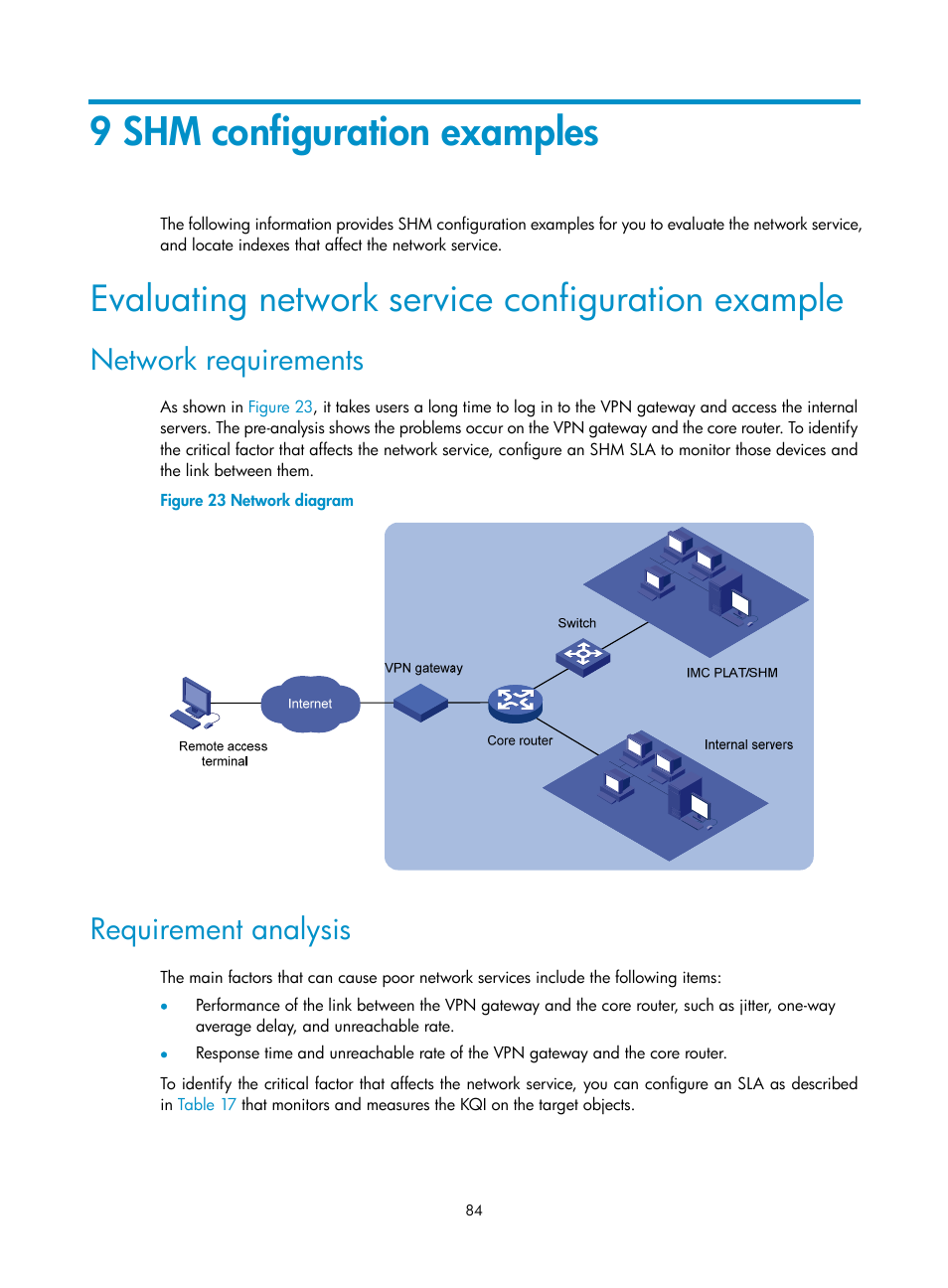 9 shm configuration examples, Evaluating network service configuration example, Network requirements | Requirement analysis | H3C Technologies H3C Intelligent Management Center User Manual | Page 93 / 136