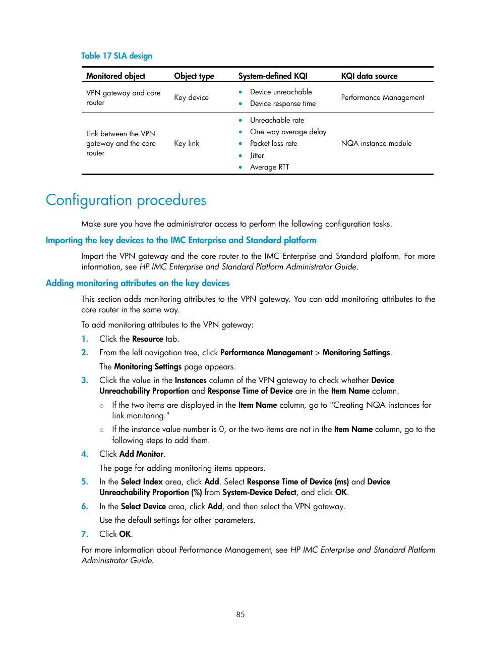Configuration procedures, Adding monitoring attributes on the key devices | H3C Technologies H3C Intelligent Management Center User Manual | Page 94 / 136