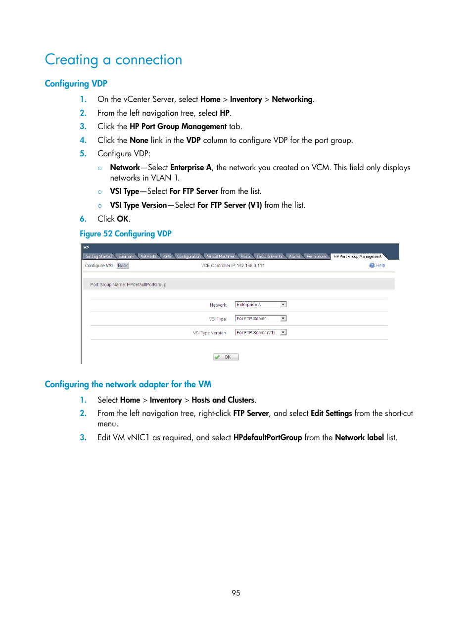 Creating a connection, Configuring vdp, Configuring the network adapter for the vm | H3C Technologies H3C Intelligent Management Center User Manual | Page 103 / 105