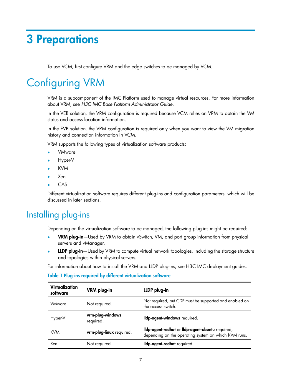 3 preparations, Configuring vrm, Installing plug-ins | H3C Technologies H3C Intelligent Management Center User Manual | Page 15 / 105