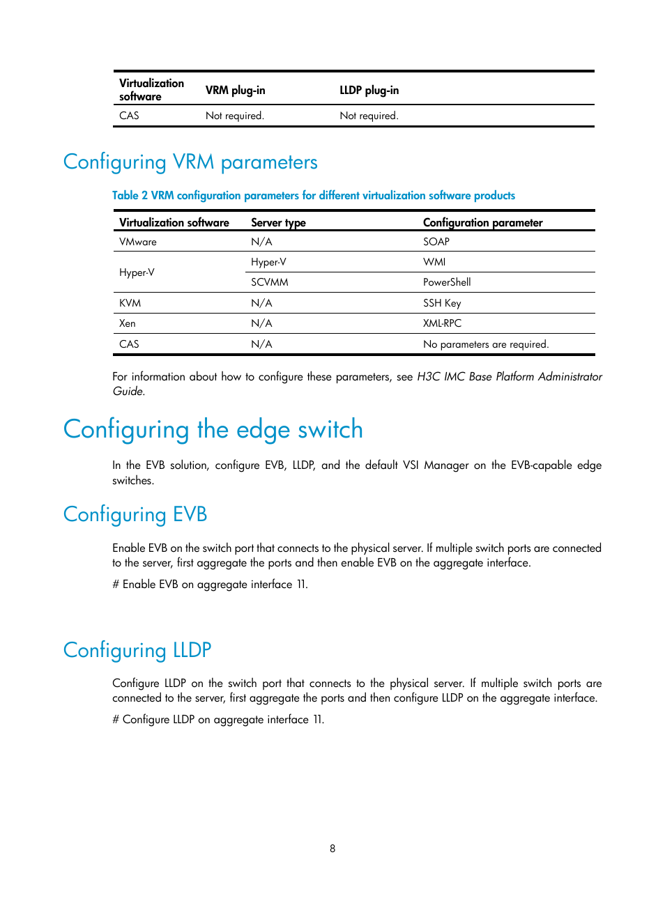 Configuring vrm parameters, Configuring the edge switch, Configuring evb | Configuring lldp | H3C Technologies H3C Intelligent Management Center User Manual | Page 16 / 105