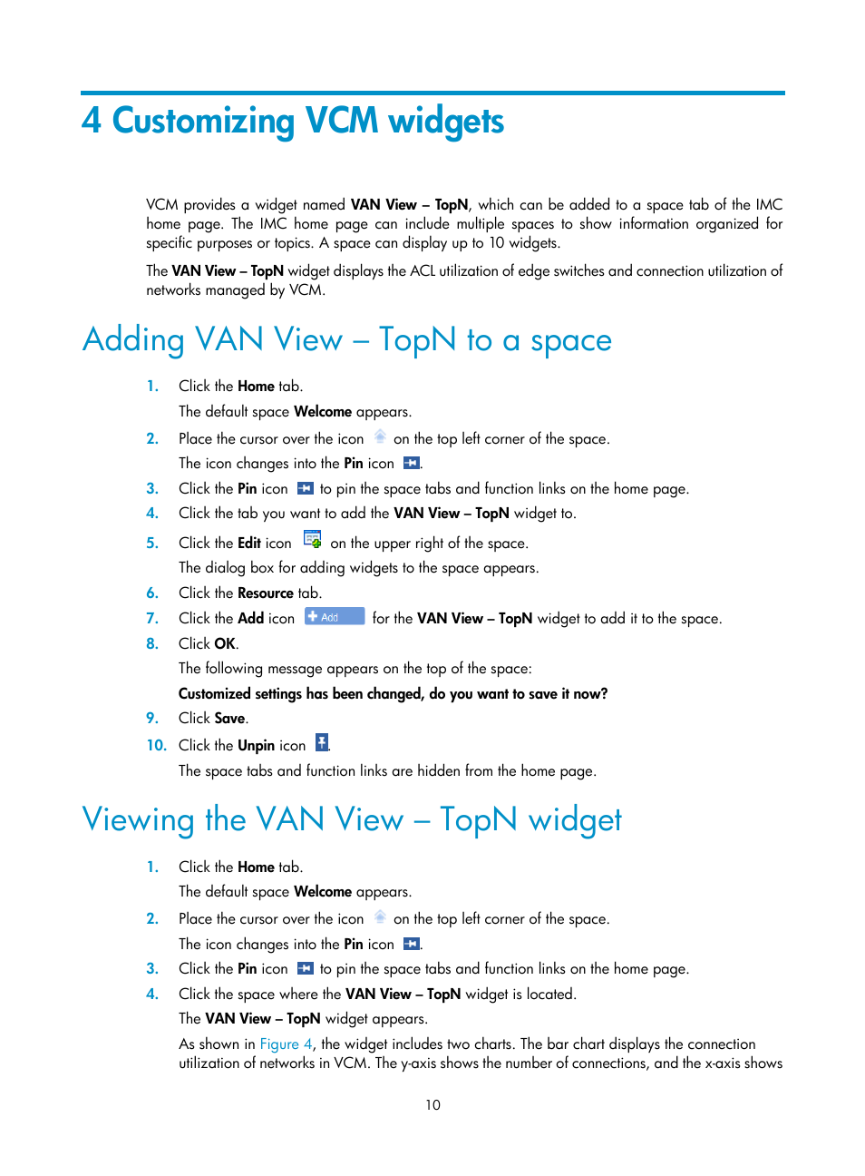 4 customizing vcm widgets, Adding van view – topn to a space, Viewing the van view – topn widget | H3C Technologies H3C Intelligent Management Center User Manual | Page 18 / 105