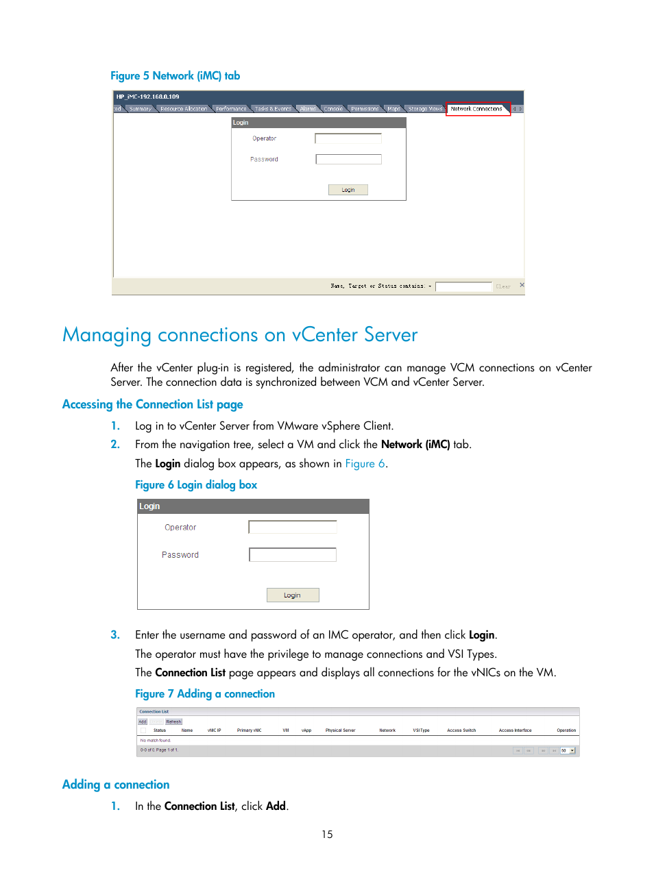 Managing connections on vcenter server, Adding a connection, Figure 5 | H3C Technologies H3C Intelligent Management Center User Manual | Page 23 / 105