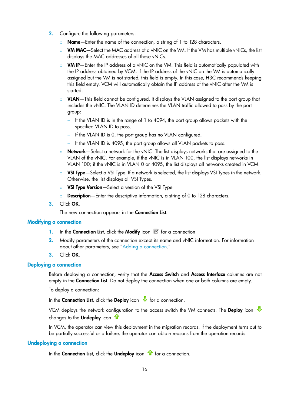 Modifying a connection, Deploying a connection, Undeploying a connection | H3C Technologies H3C Intelligent Management Center User Manual | Page 24 / 105