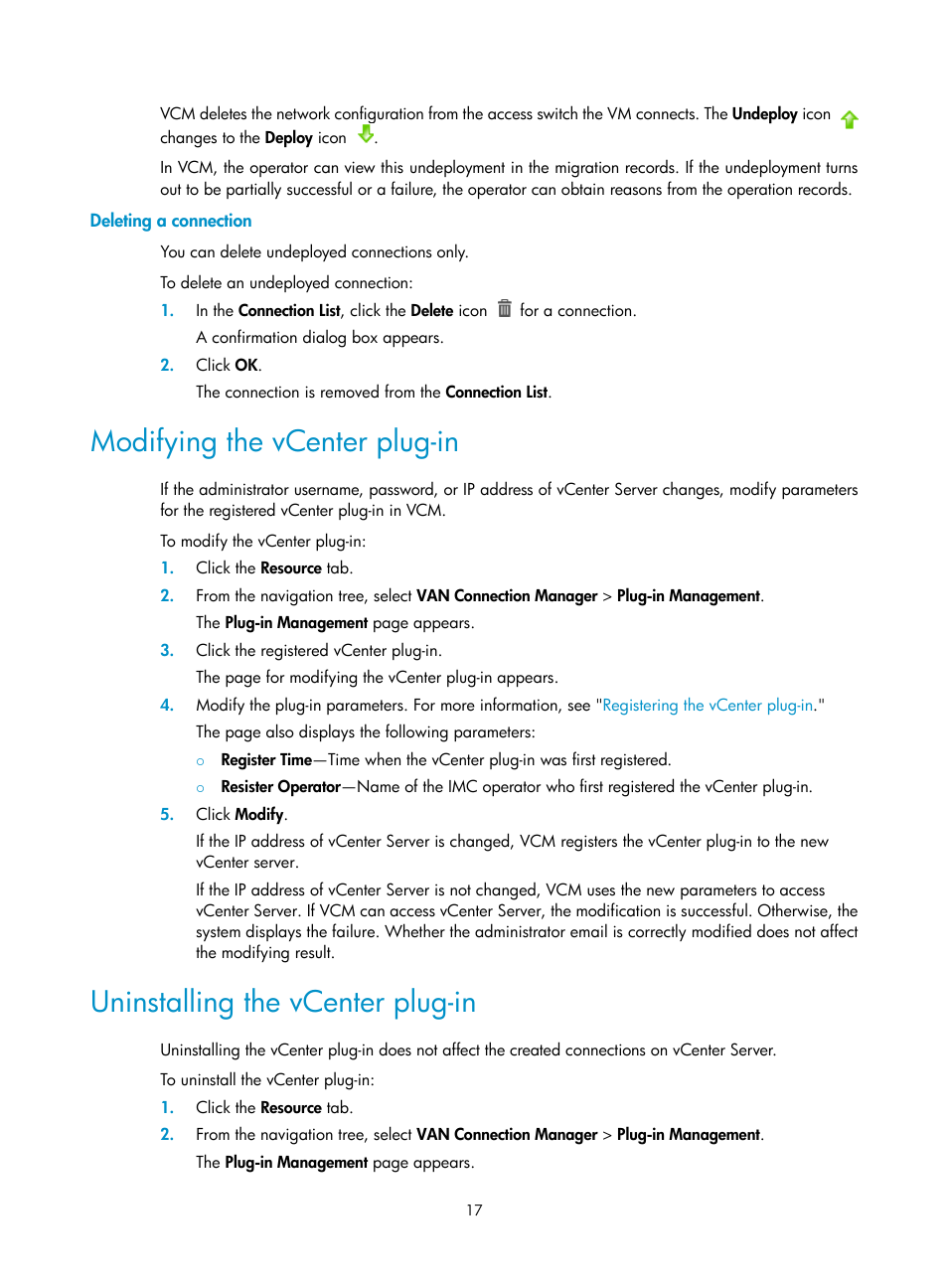 Deleting a connection, Modifying the vcenter plug-in, Uninstalling the vcenter plug-in | H3C Technologies H3C Intelligent Management Center User Manual | Page 25 / 105