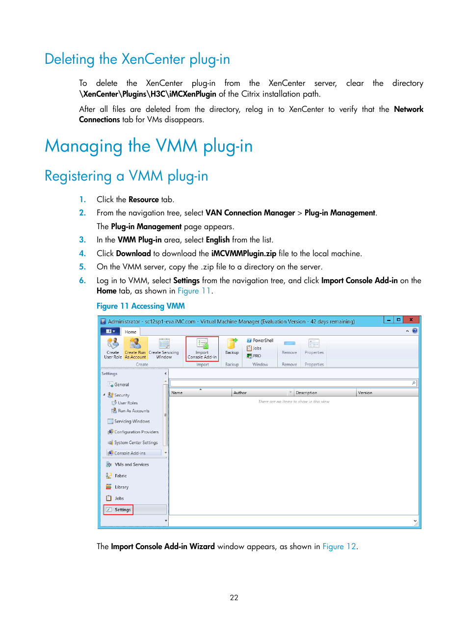 Deleting the xencenter plug-in, Managing the vmm plug-in, Registering a vmm plug-in | H3C Technologies H3C Intelligent Management Center User Manual | Page 30 / 105