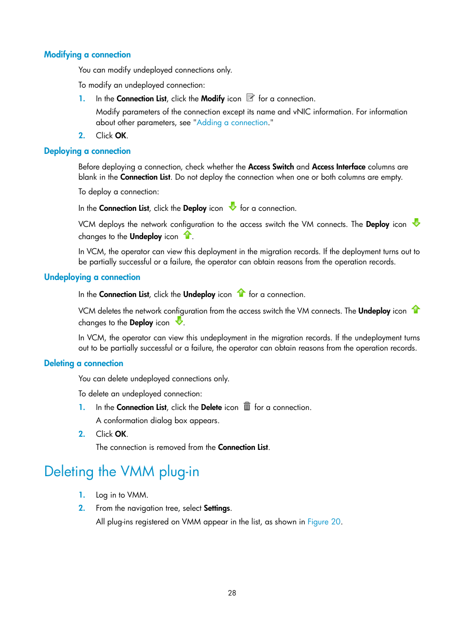 Modifying a connection, Deploying a connection, Undeploying a connection | Deleting a connection, Deleting the vmm plug-in | H3C Technologies H3C Intelligent Management Center User Manual | Page 36 / 105