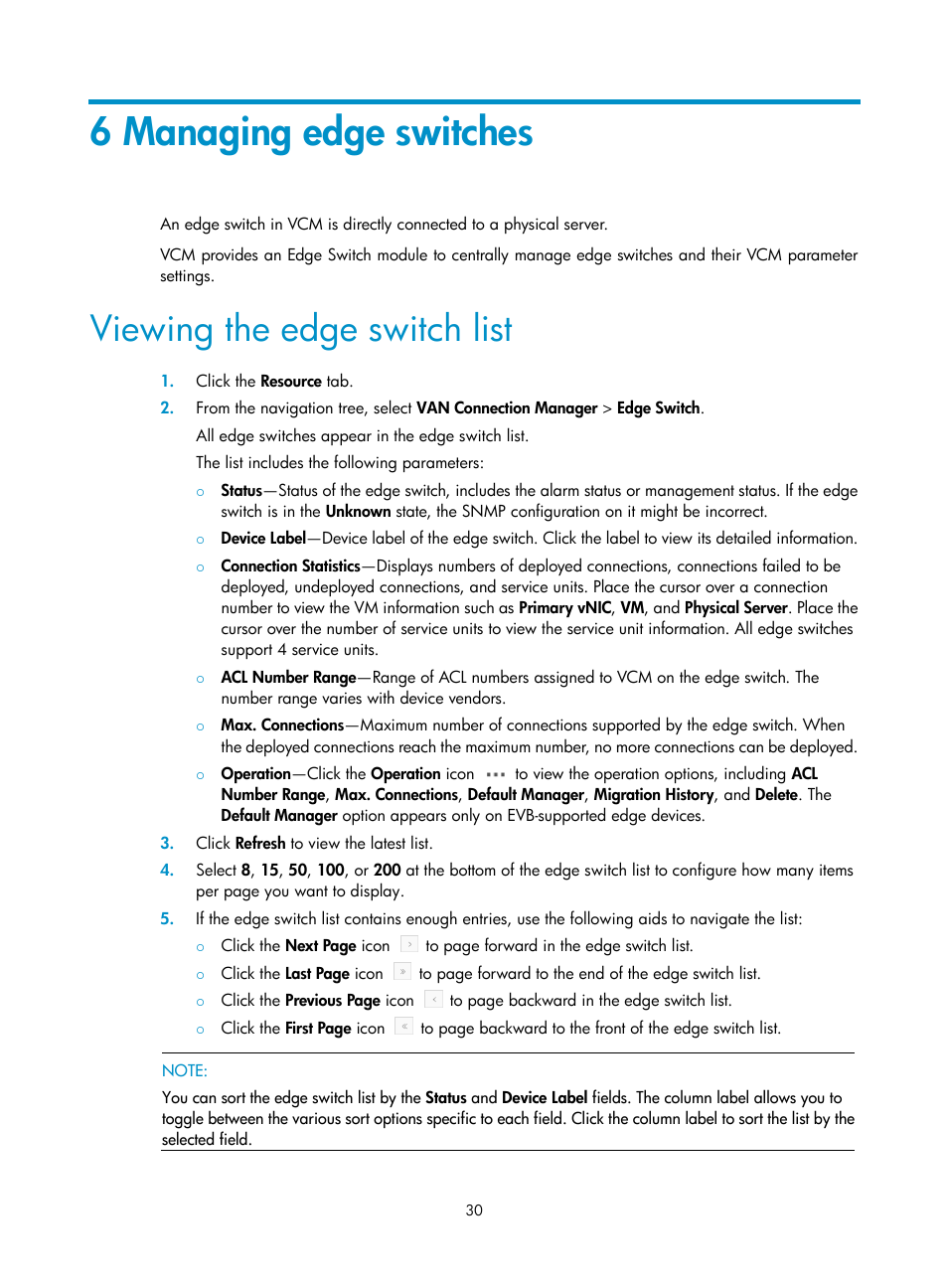 6 managing edge switches, Viewing the edge switch list | H3C Technologies H3C Intelligent Management Center User Manual | Page 38 / 105