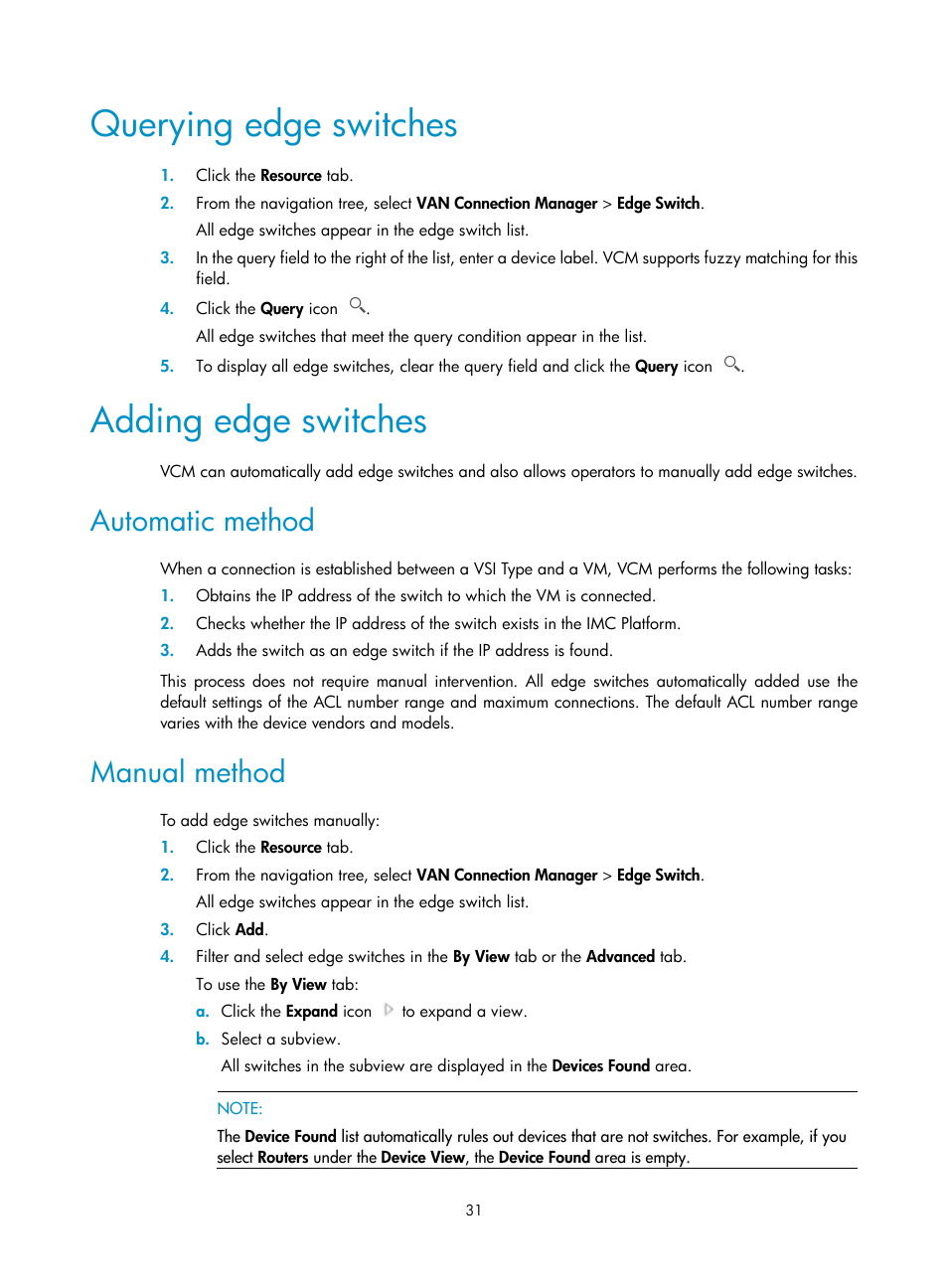 Querying edge switches, Adding edge switches, Automatic method | Manual method | H3C Technologies H3C Intelligent Management Center User Manual | Page 39 / 105