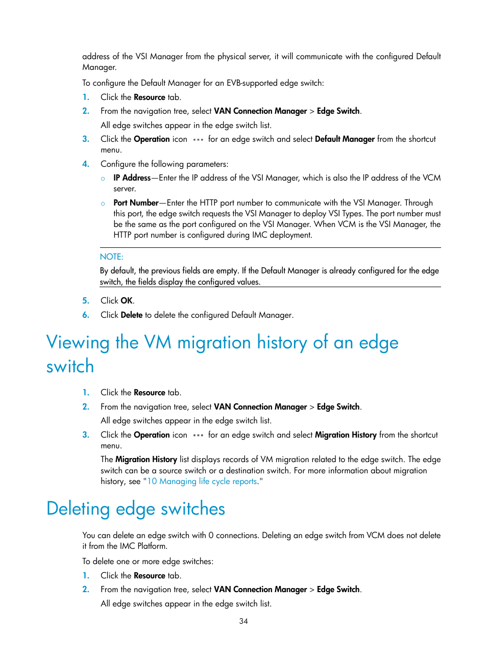 Viewing the vm migration history of an edge switch, Deleting edge switches | H3C Technologies H3C Intelligent Management Center User Manual | Page 42 / 105