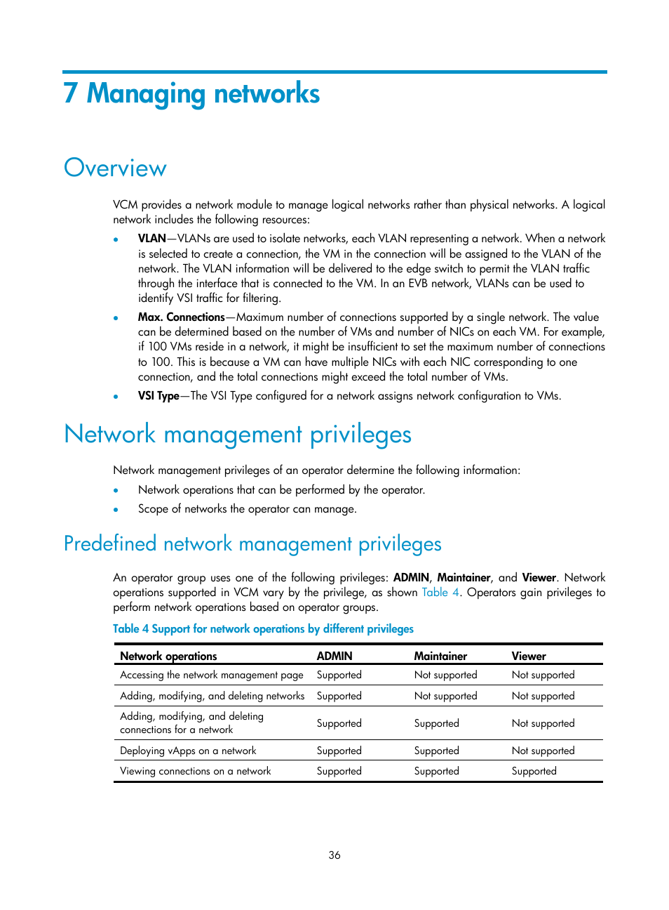 7 managing networks, Overview, Network management privileges | Predefined network management privileges | H3C Technologies H3C Intelligent Management Center User Manual | Page 44 / 105