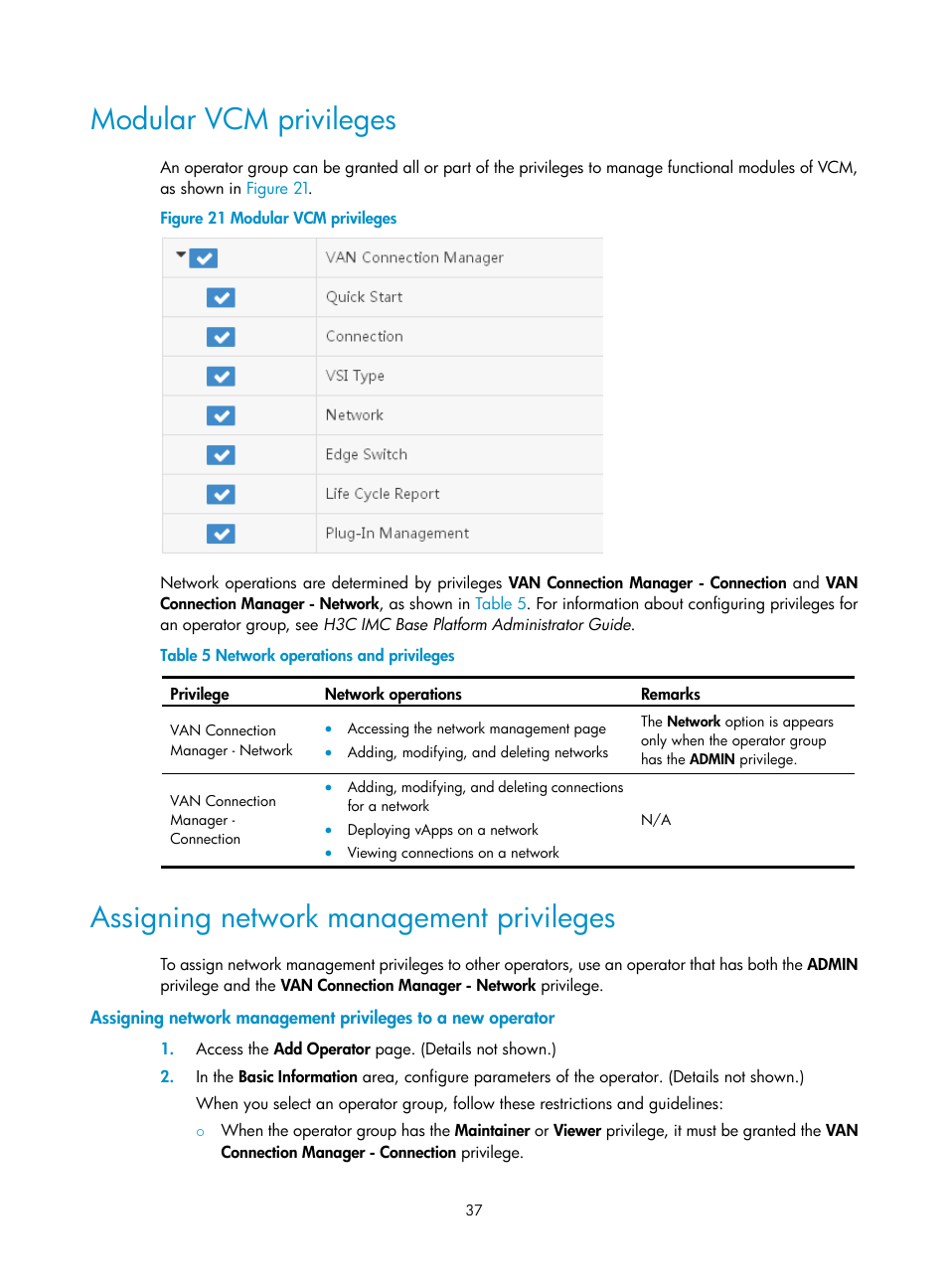 Modular vcm privileges, Assigning network management privileges | H3C Technologies H3C Intelligent Management Center User Manual | Page 45 / 105