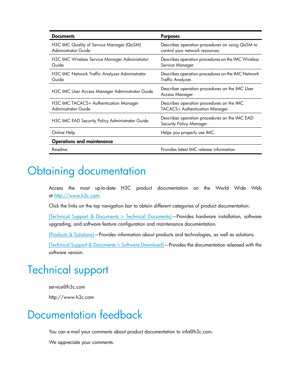 Obtaining documentation, Technical support, Documentation feedback | H3C Technologies H3C Intelligent Management Center User Manual | Page 5 / 105