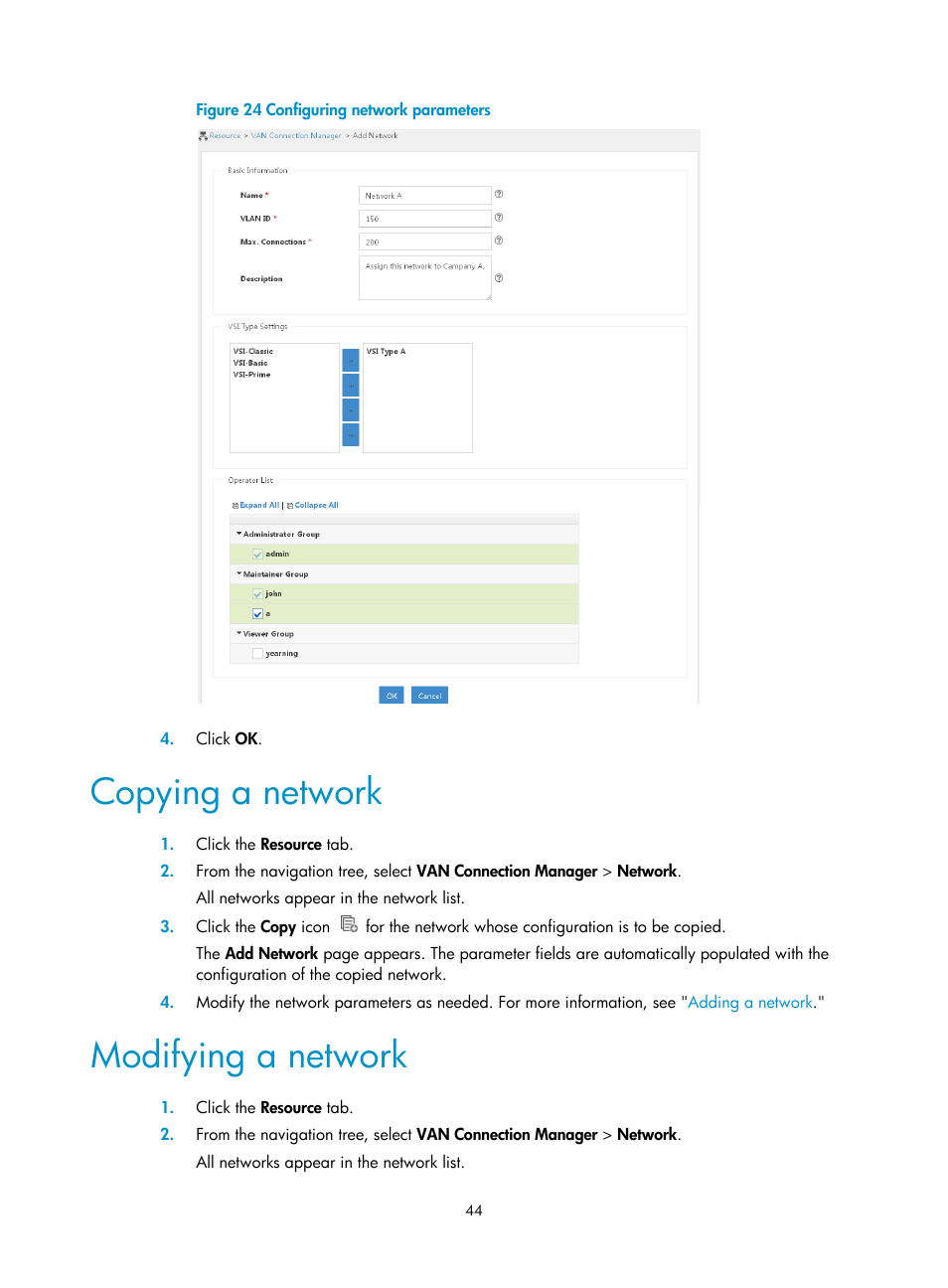 Copying a network, Modifying a network | H3C Technologies H3C Intelligent Management Center User Manual | Page 52 / 105