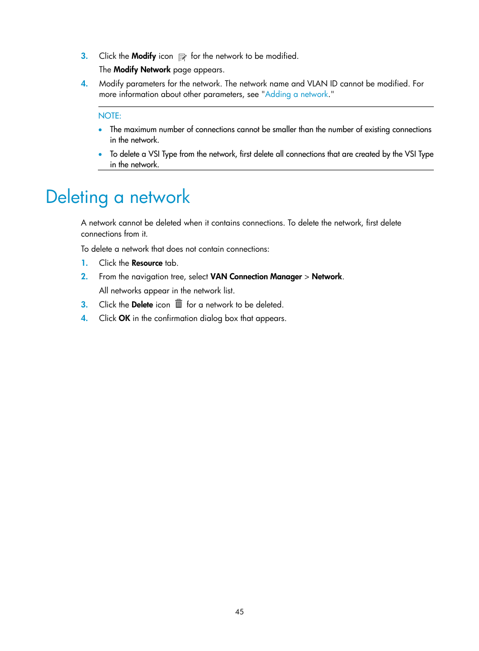 Deleting a network | H3C Technologies H3C Intelligent Management Center User Manual | Page 53 / 105