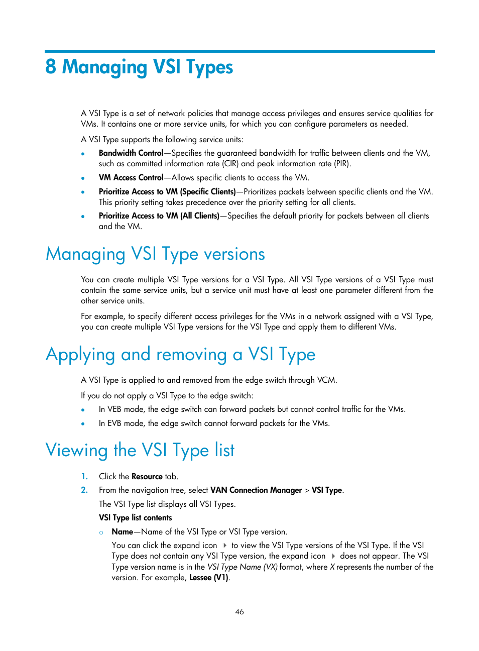 8 managing vsi types, Managing vsi type versions, Applying and removing a vsi type | Viewing the vsi type list | H3C Technologies H3C Intelligent Management Center User Manual | Page 54 / 105