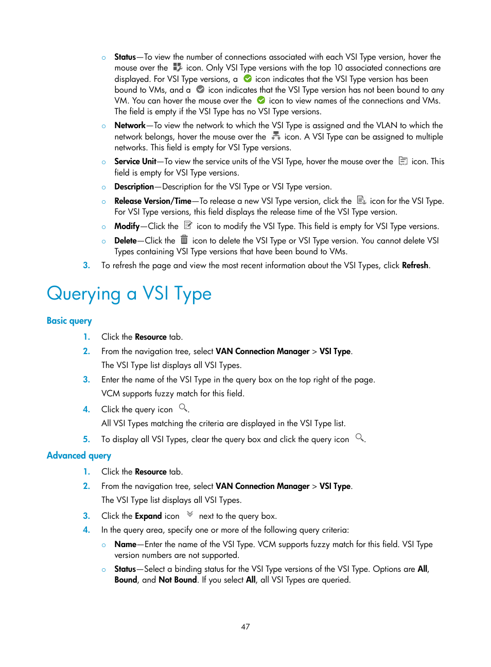 Querying a vsi type, Basic query, Advanced query | H3C Technologies H3C Intelligent Management Center User Manual | Page 55 / 105