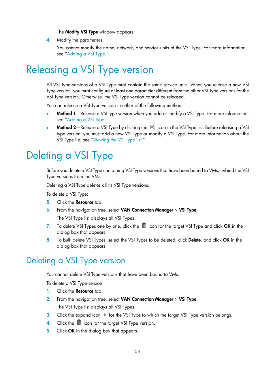 Releasing a vsi type version, Deleting a vsi type, Deleting a vsi type version | H3C Technologies H3C Intelligent Management Center User Manual | Page 62 / 105