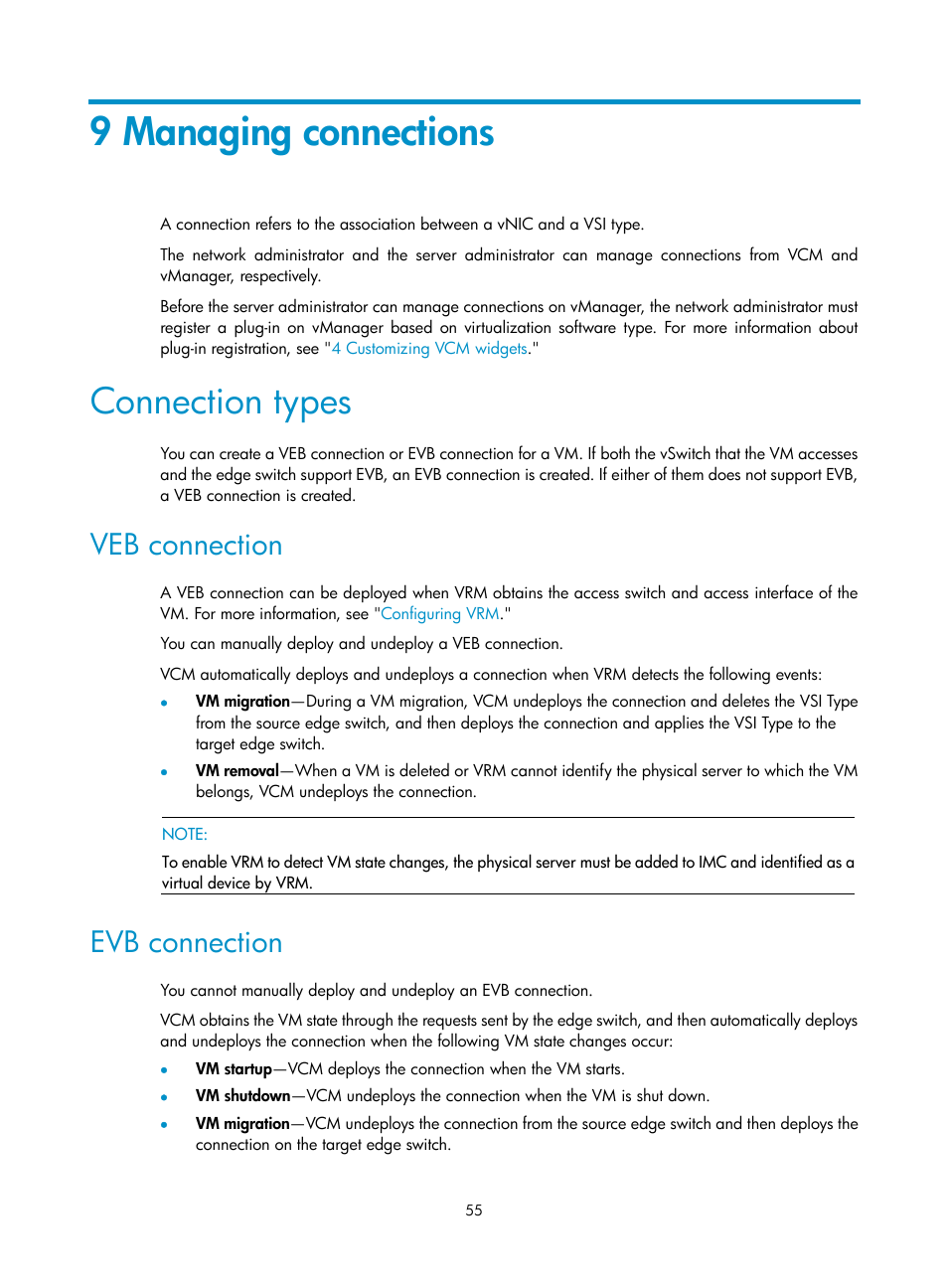 9 managing connections, Connection types, Veb connection | Evb connection | H3C Technologies H3C Intelligent Management Center User Manual | Page 63 / 105