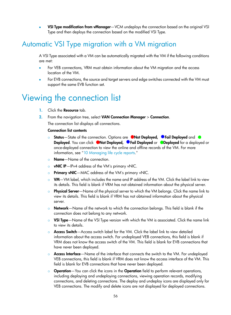 Automatic vsi type migration with a vm migration, Viewing the connection list | H3C Technologies H3C Intelligent Management Center User Manual | Page 64 / 105