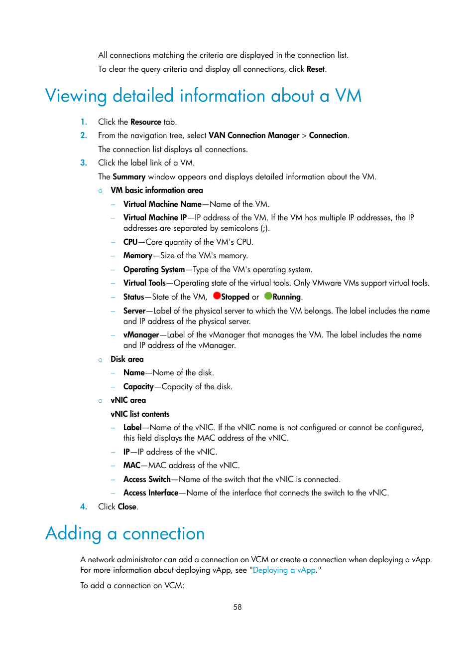 Viewing detailed information about a vm, Adding a connection | H3C Technologies H3C Intelligent Management Center User Manual | Page 66 / 105