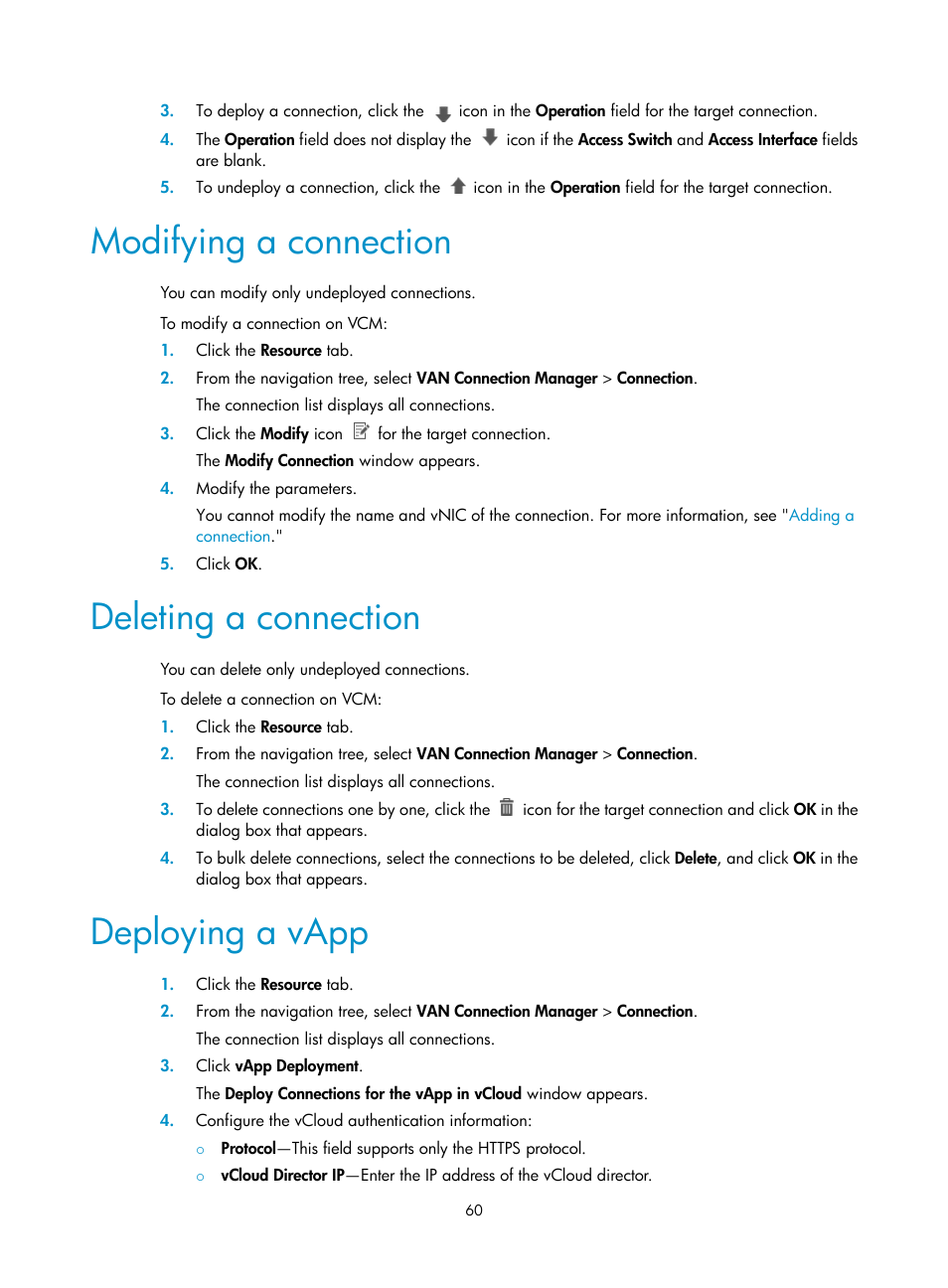 Modifying a connection, Deleting a connection, Deploying a vapp | H3C Technologies H3C Intelligent Management Center User Manual | Page 68 / 105