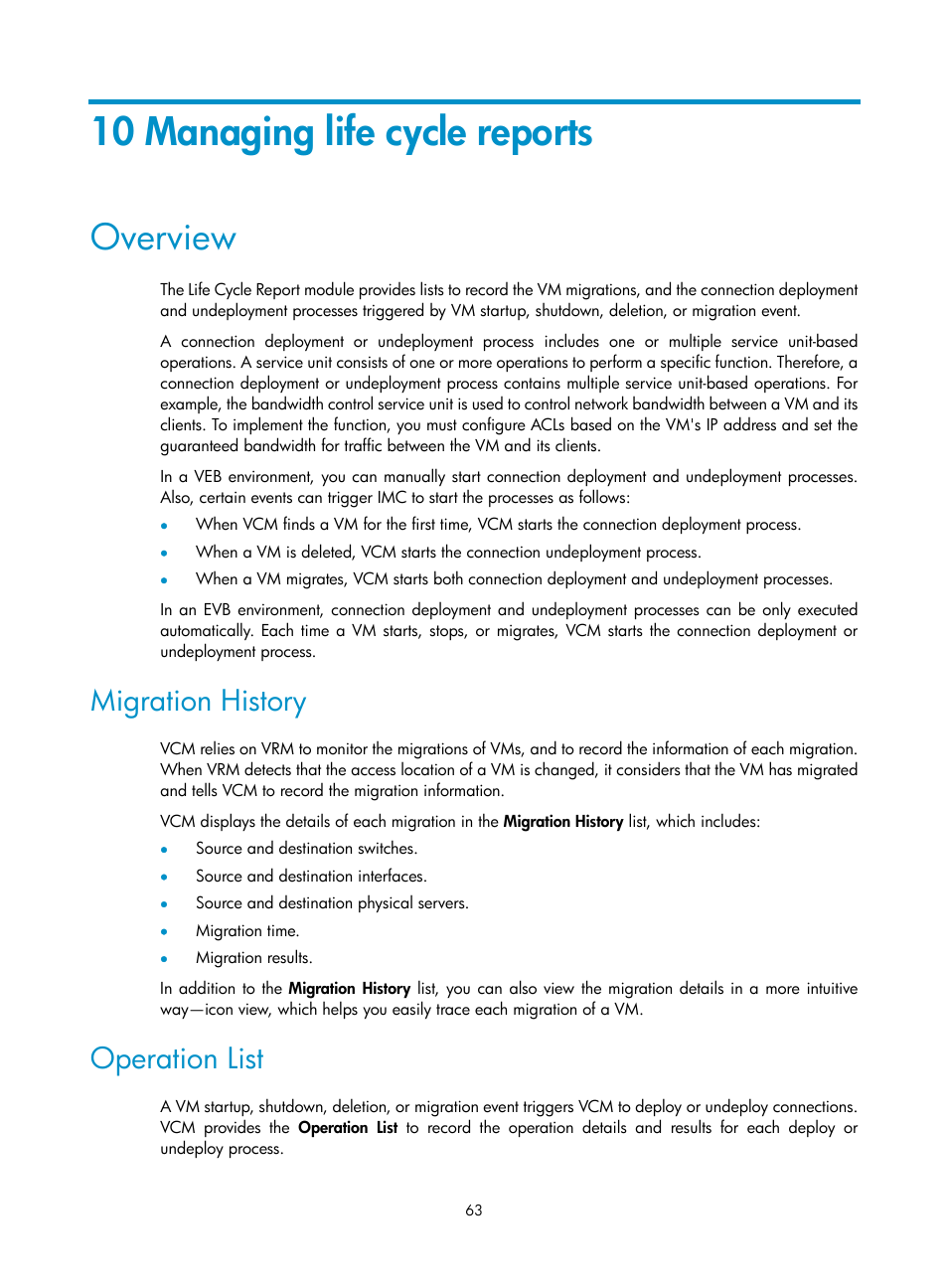 10 managing life cycle reports, Overview, Migration history | Operation list | H3C Technologies H3C Intelligent Management Center User Manual | Page 71 / 105