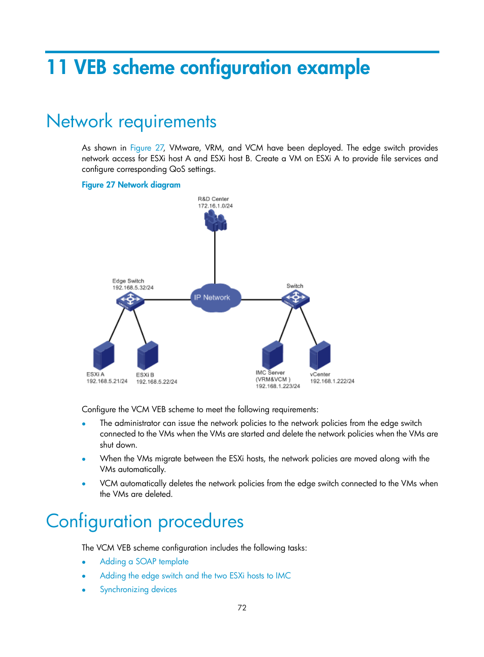 11 veb scheme configuration example, Network requirements, Configuration procedures | H3C Technologies H3C Intelligent Management Center User Manual | Page 80 / 105