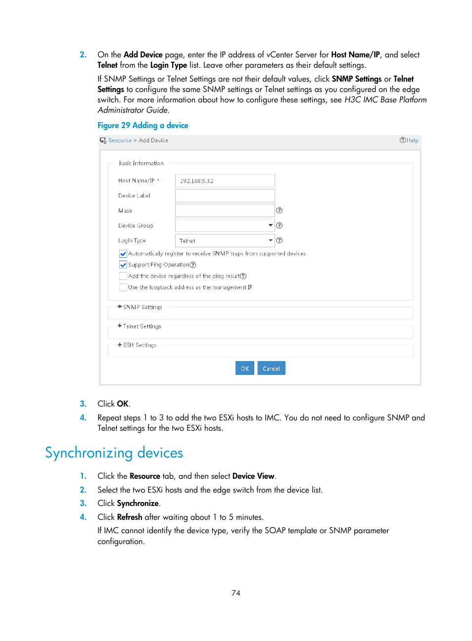 Synchronizing devices | H3C Technologies H3C Intelligent Management Center User Manual | Page 82 / 105