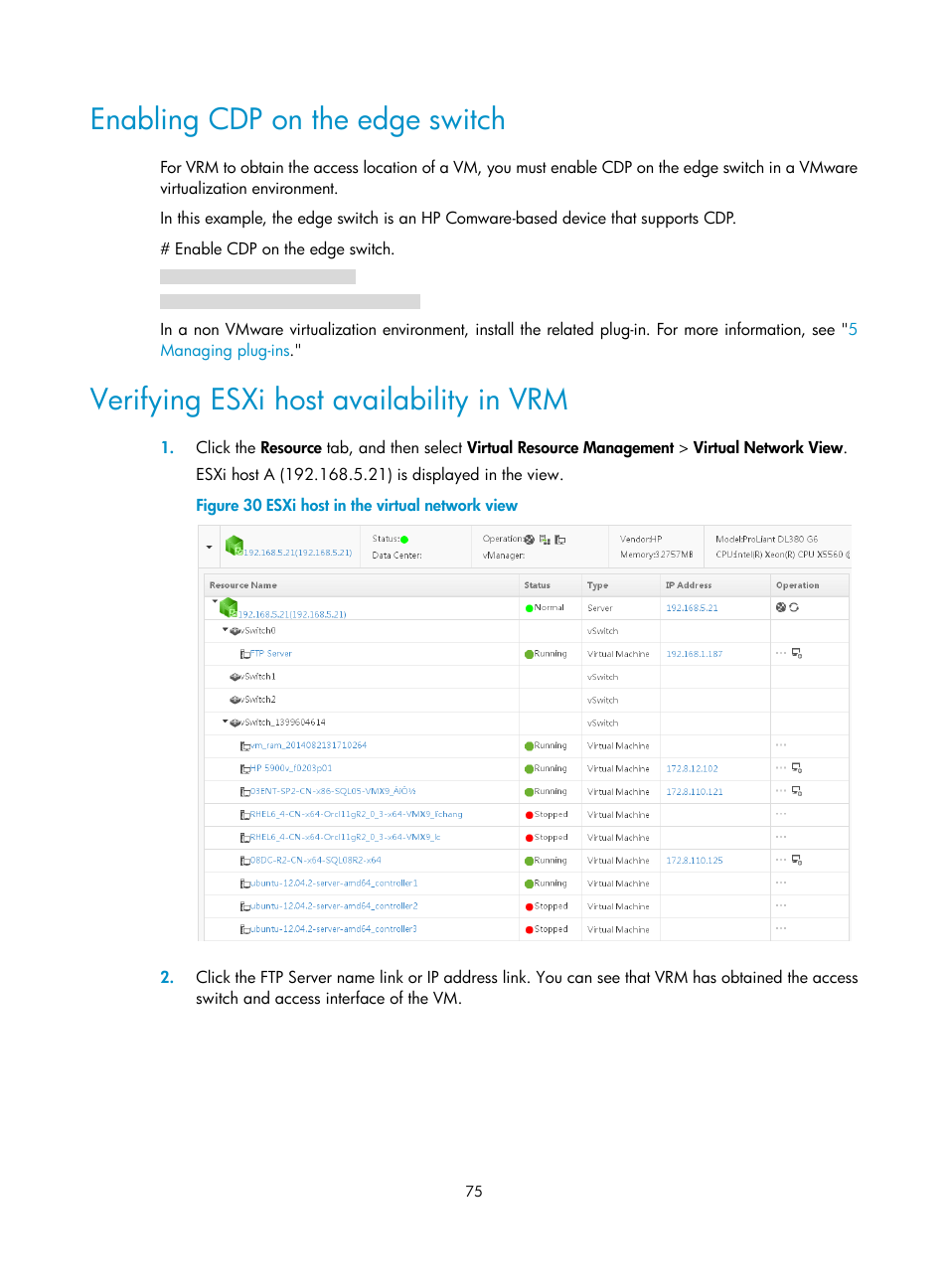 Enabling cdp on the edge switch, Verifying esxi host availability in vrm | H3C Technologies H3C Intelligent Management Center User Manual | Page 83 / 105