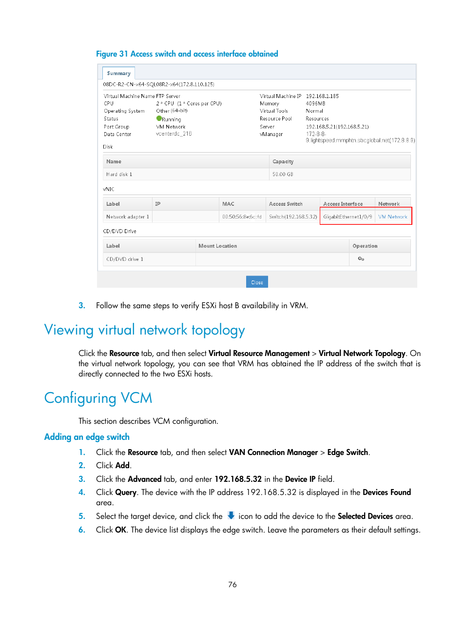 Viewing virtual network topology, Configuring vcm, Adding an edge switch | H3C Technologies H3C Intelligent Management Center User Manual | Page 84 / 105