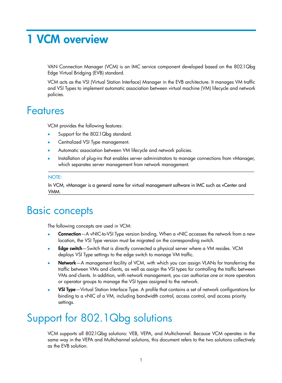 1 vcm overview, Features, Basic concepts | Support for 802.1qbg solutions | H3C Technologies H3C Intelligent Management Center User Manual | Page 9 / 105