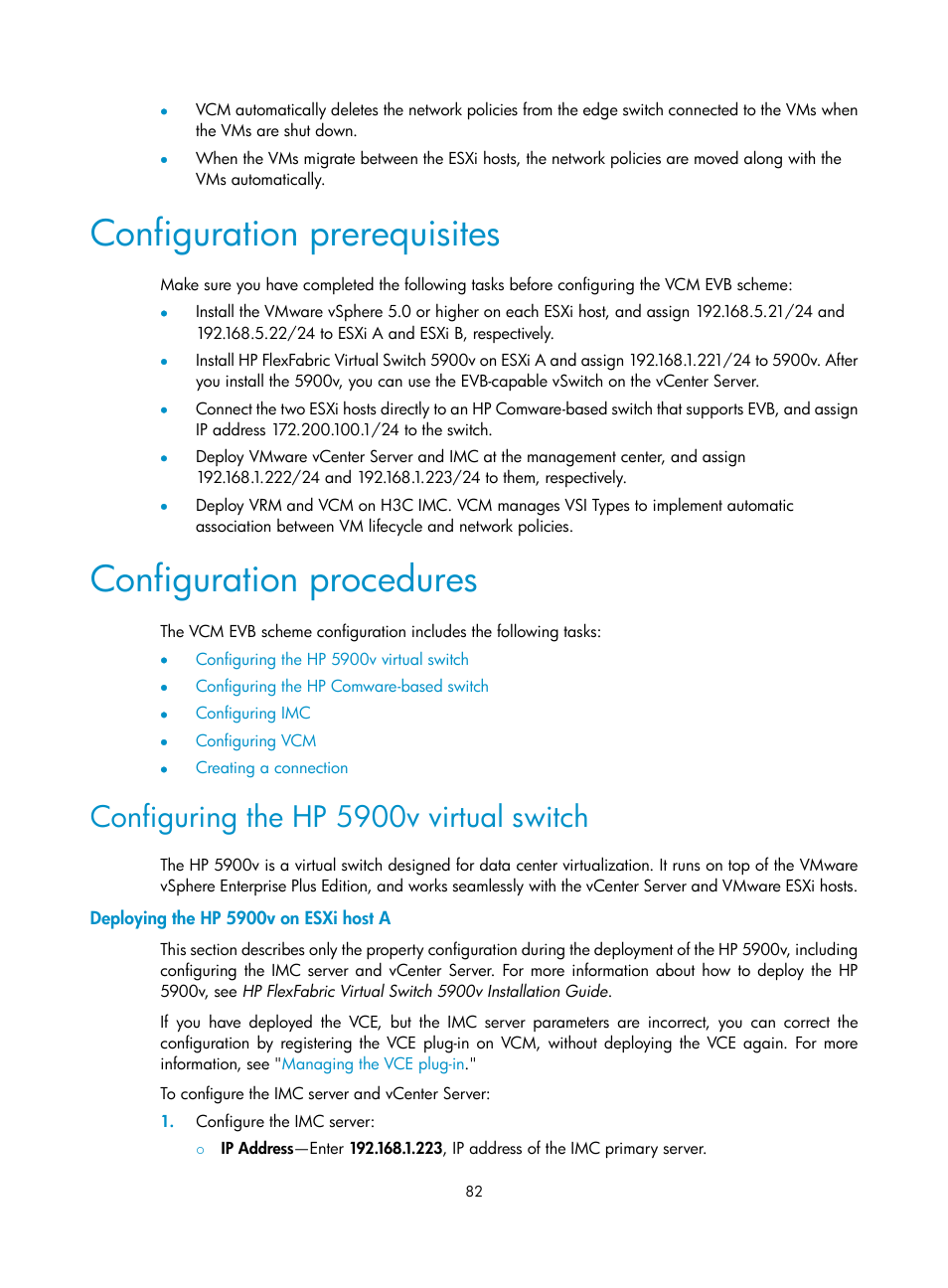 Configuration prerequisites, Configuration procedures, Configuring the hp 5900v virtual switch | Deploying the hp 5900v on esxi host a | H3C Technologies H3C Intelligent Management Center User Manual | Page 90 / 105