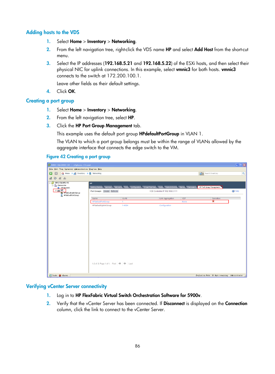 Adding hosts to the vds, Creating a port group, Verifying vcenter server connectivity | H3C Technologies H3C Intelligent Management Center User Manual | Page 94 / 105