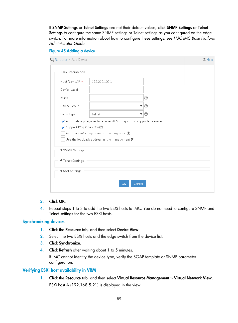 Synchronizing devices, Verifying esxi host availability in vrm | H3C Technologies H3C Intelligent Management Center User Manual | Page 97 / 105