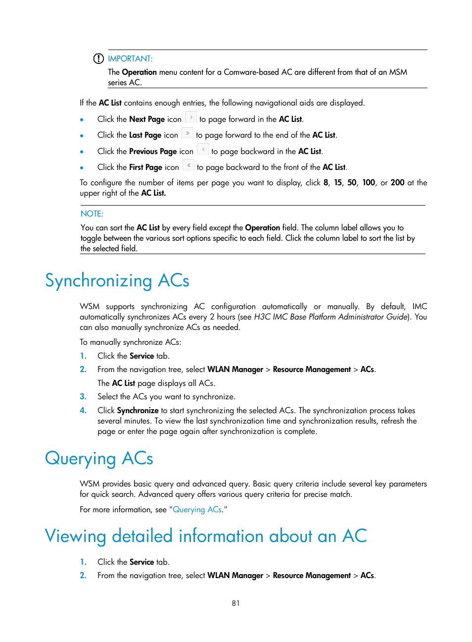 Synchronizing acs, Querying acs, Viewing detailed information about an ac | H3C Technologies H3C Intelligent Management Center User Manual | Page 103 / 751