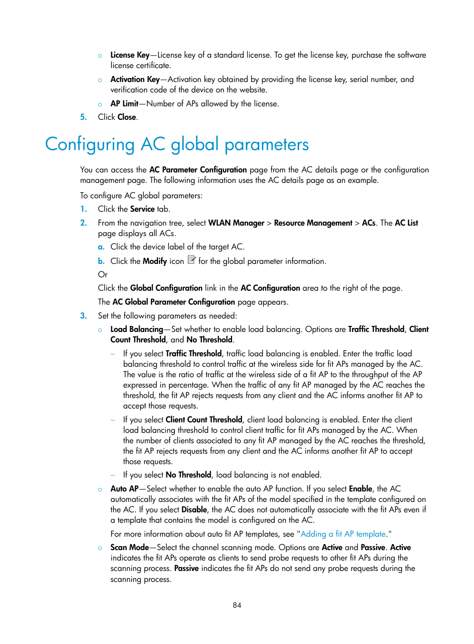 Configuring ac global parameters | H3C Technologies H3C Intelligent Management Center User Manual | Page 106 / 751