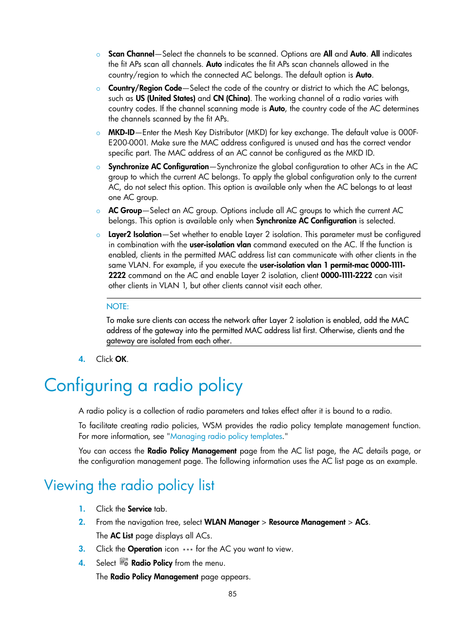 Configuring a radio policy, Viewing the radio policy list, Ation, see | Configuring a, Radio policy | H3C Technologies H3C Intelligent Management Center User Manual | Page 107 / 751