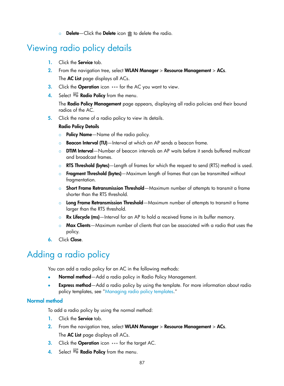 Viewing radio policy details, Adding a radio policy, Normal method | H3C Technologies H3C Intelligent Management Center User Manual | Page 109 / 751