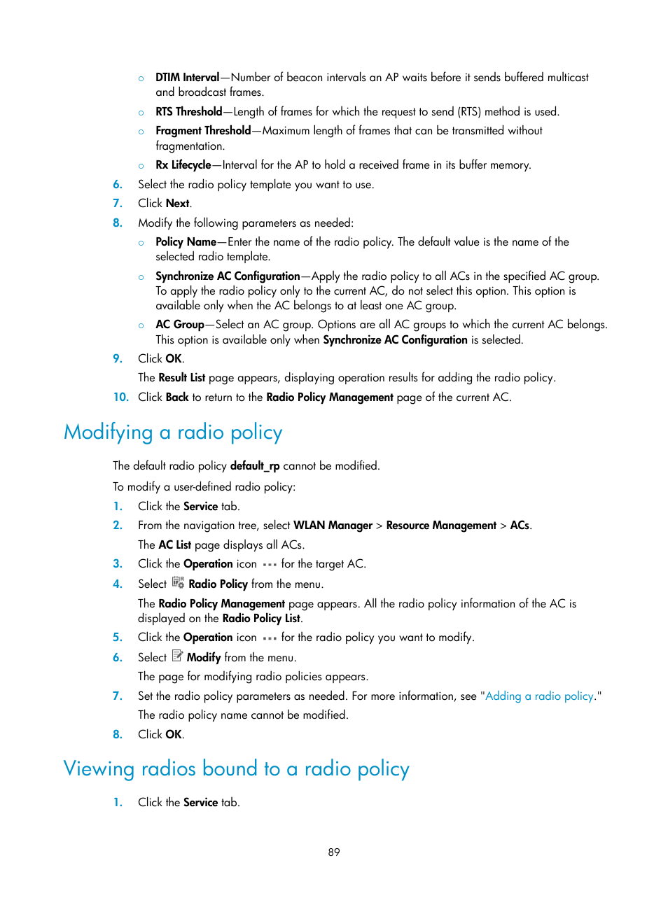 Modifying a radio policy, Viewing radios bound to a radio policy | H3C Technologies H3C Intelligent Management Center User Manual | Page 111 / 751