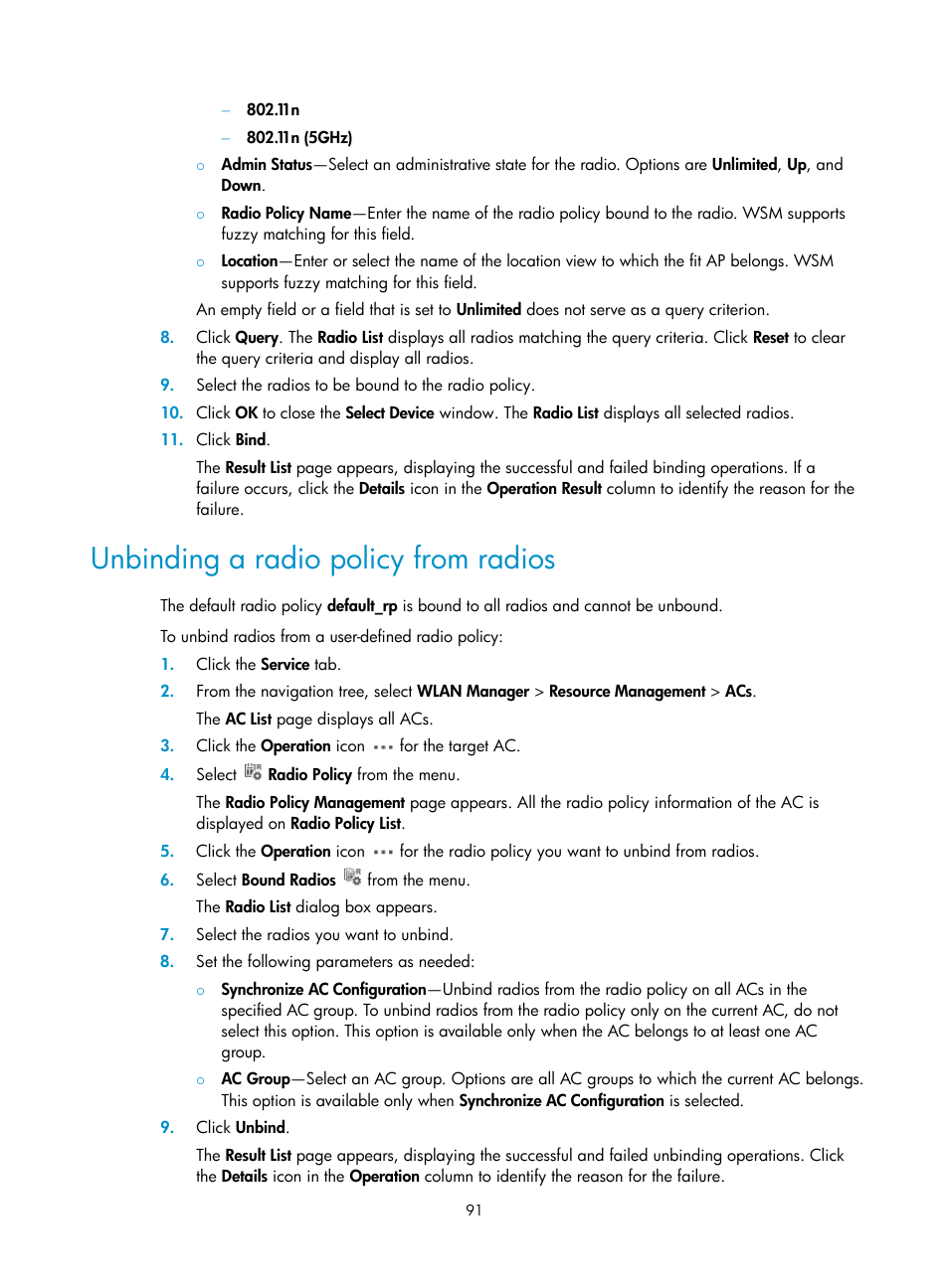 Unbinding a radio policy from radios | H3C Technologies H3C Intelligent Management Center User Manual | Page 113 / 751