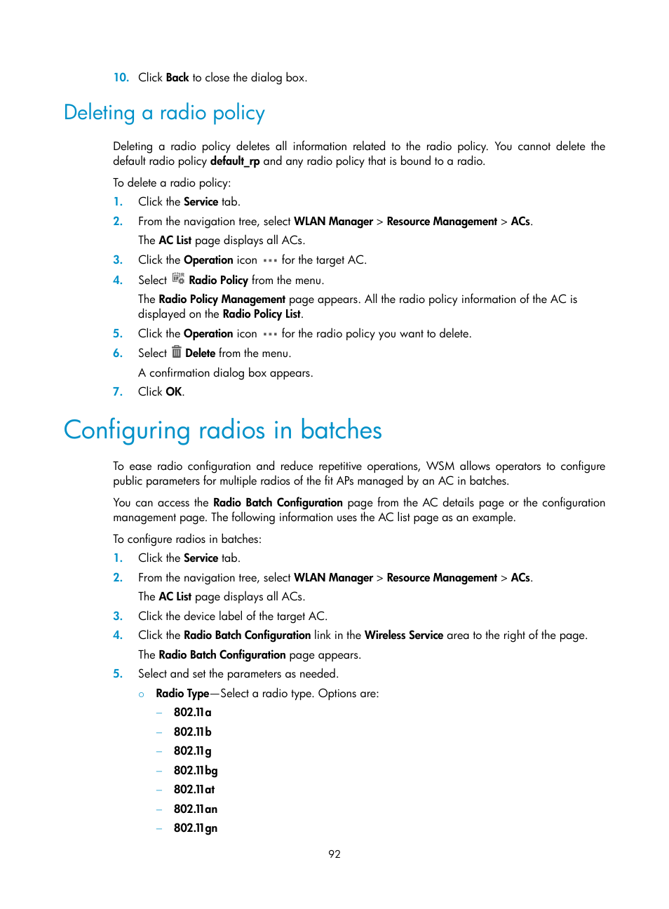 Deleting a radio policy, Configuring radios in batches, Configuring radios in | Batches | H3C Technologies H3C Intelligent Management Center User Manual | Page 114 / 751