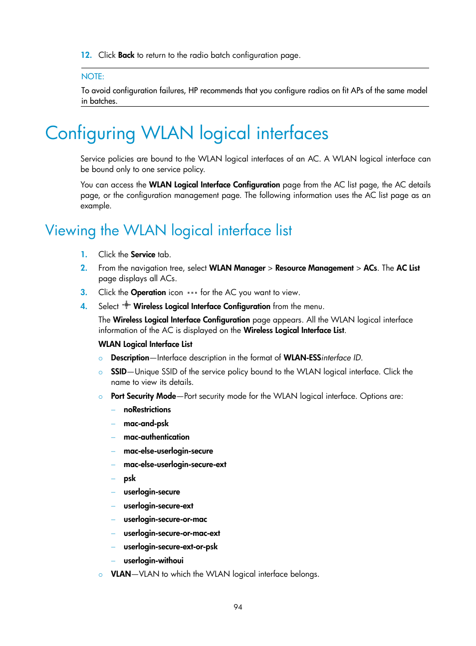 Configuring wlan logical interfaces, Viewing the wlan logical interface list, Ation, see | H3C Technologies H3C Intelligent Management Center User Manual | Page 116 / 751