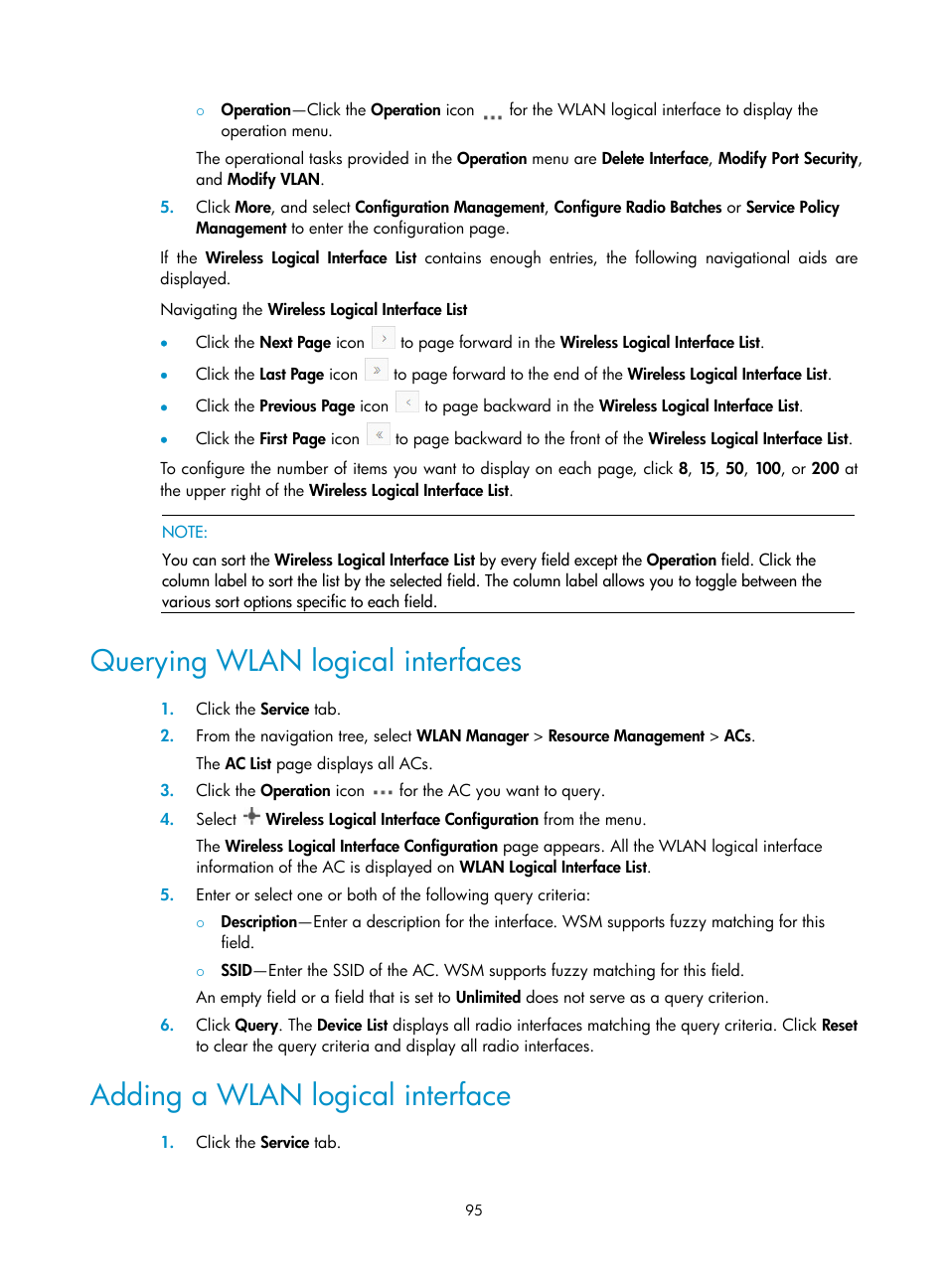 Querying wlan logical interfaces, Adding a wlan logical interface | H3C Technologies H3C Intelligent Management Center User Manual | Page 117 / 751