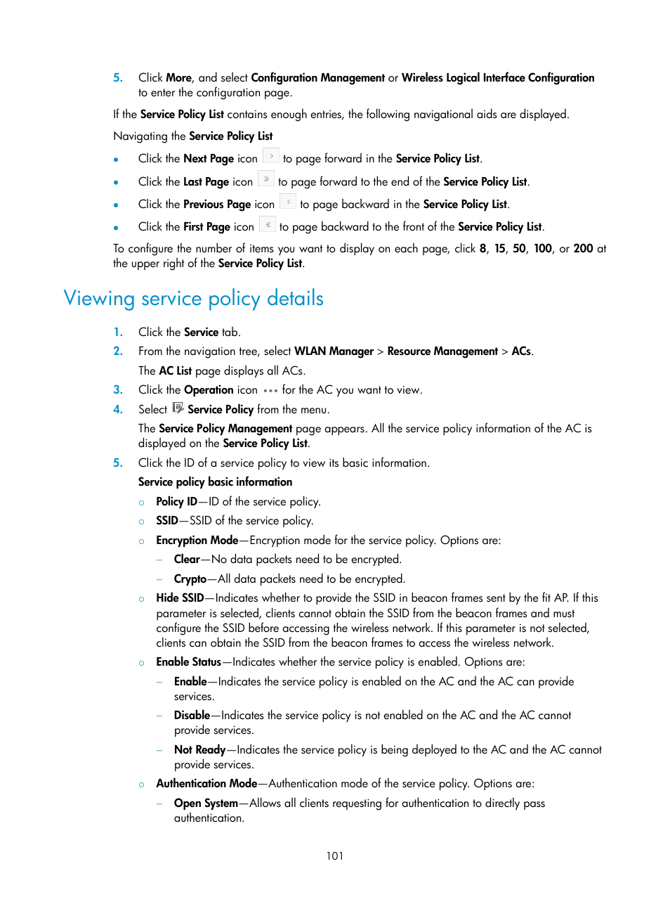 Viewing service policy details | H3C Technologies H3C Intelligent Management Center User Manual | Page 123 / 751