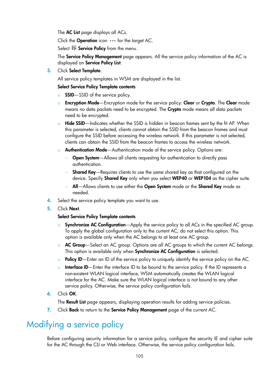 Modifying a service policy | H3C Technologies H3C Intelligent Management Center User Manual | Page 127 / 751