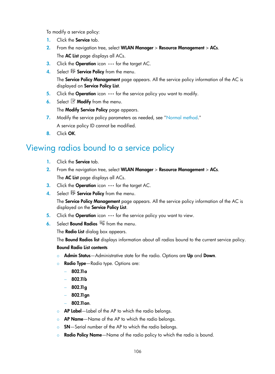 Viewing radios bound to a service policy | H3C Technologies H3C Intelligent Management Center User Manual | Page 128 / 751