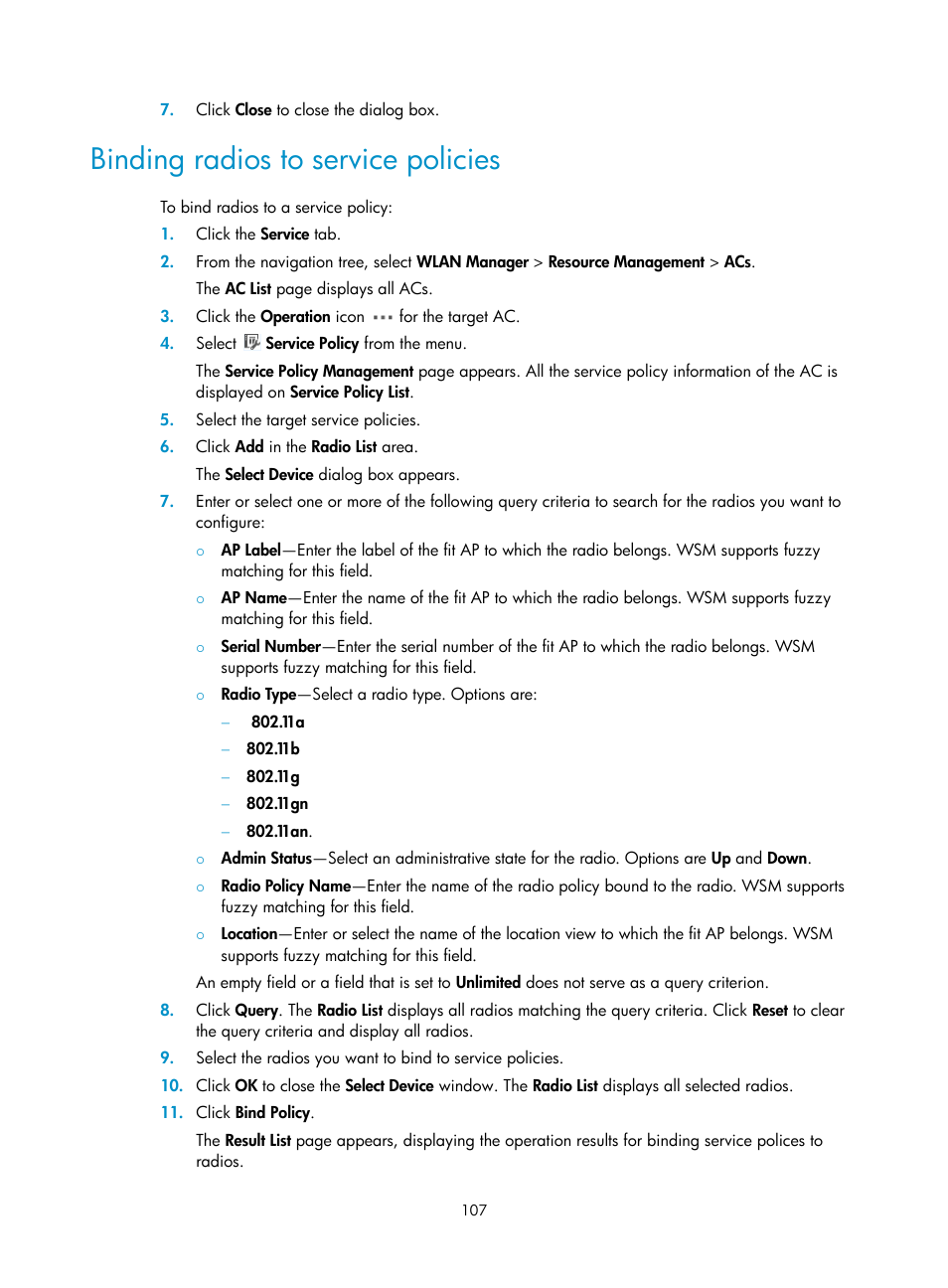 Binding radios to service policies | H3C Technologies H3C Intelligent Management Center User Manual | Page 129 / 751