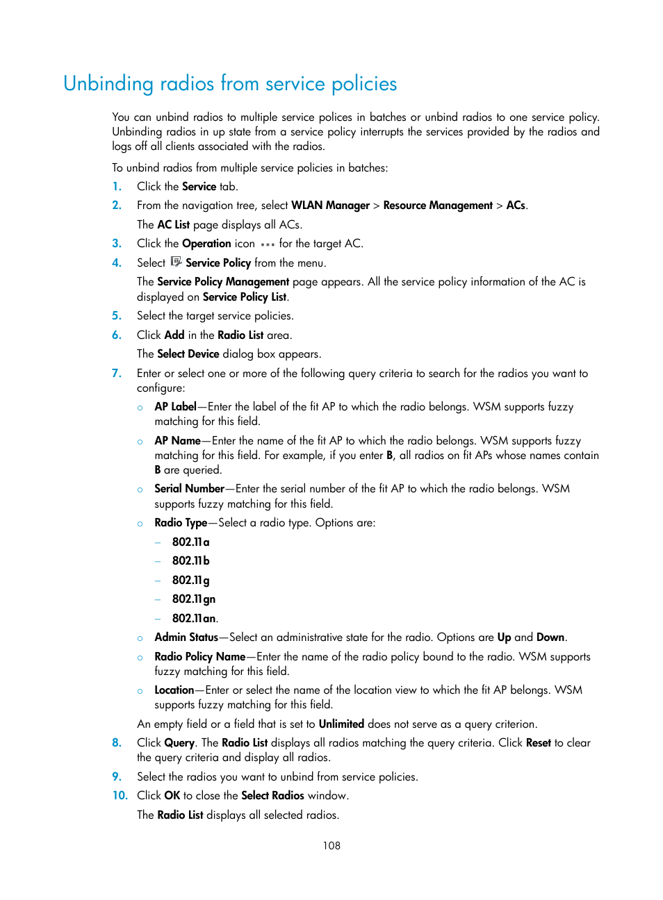 Unbinding radios from service policies | H3C Technologies H3C Intelligent Management Center User Manual | Page 130 / 751